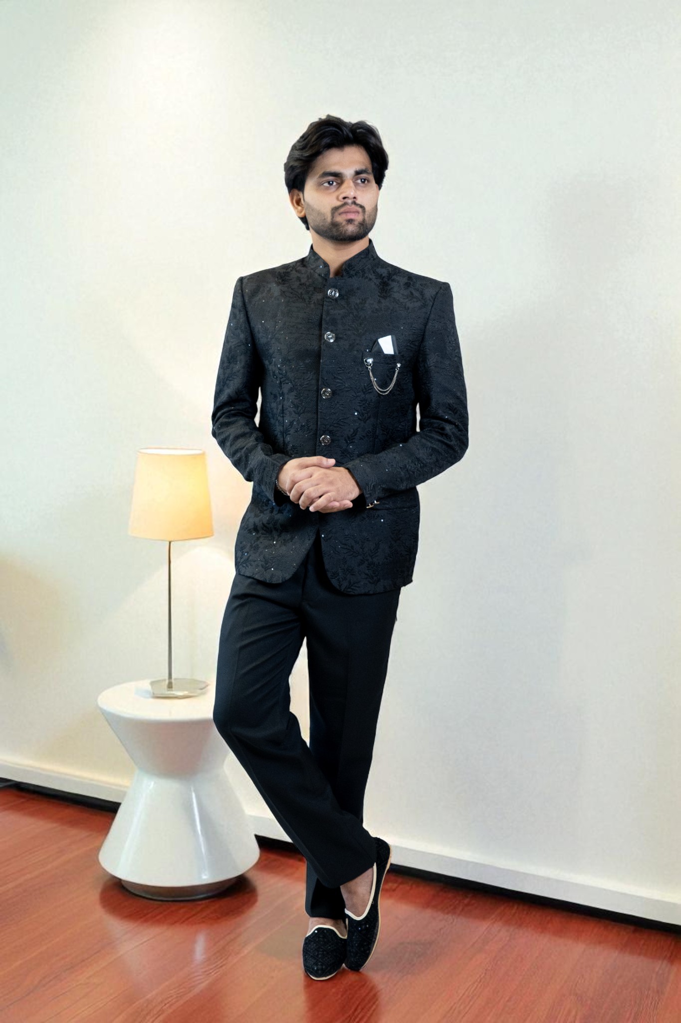 Black Bandhgala Jodhpuri Suit for Men – Embroidery Tree Design & Suiting Fabric - Image 2