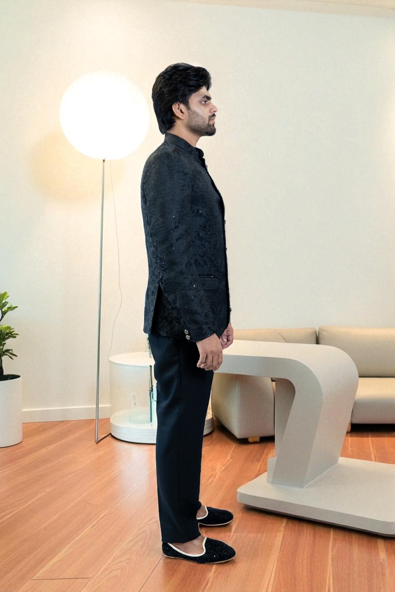 Black Bandhgala Jodhpuri Suit for Men – Embroidery Tree Design & Suiting Fabric - Image 4