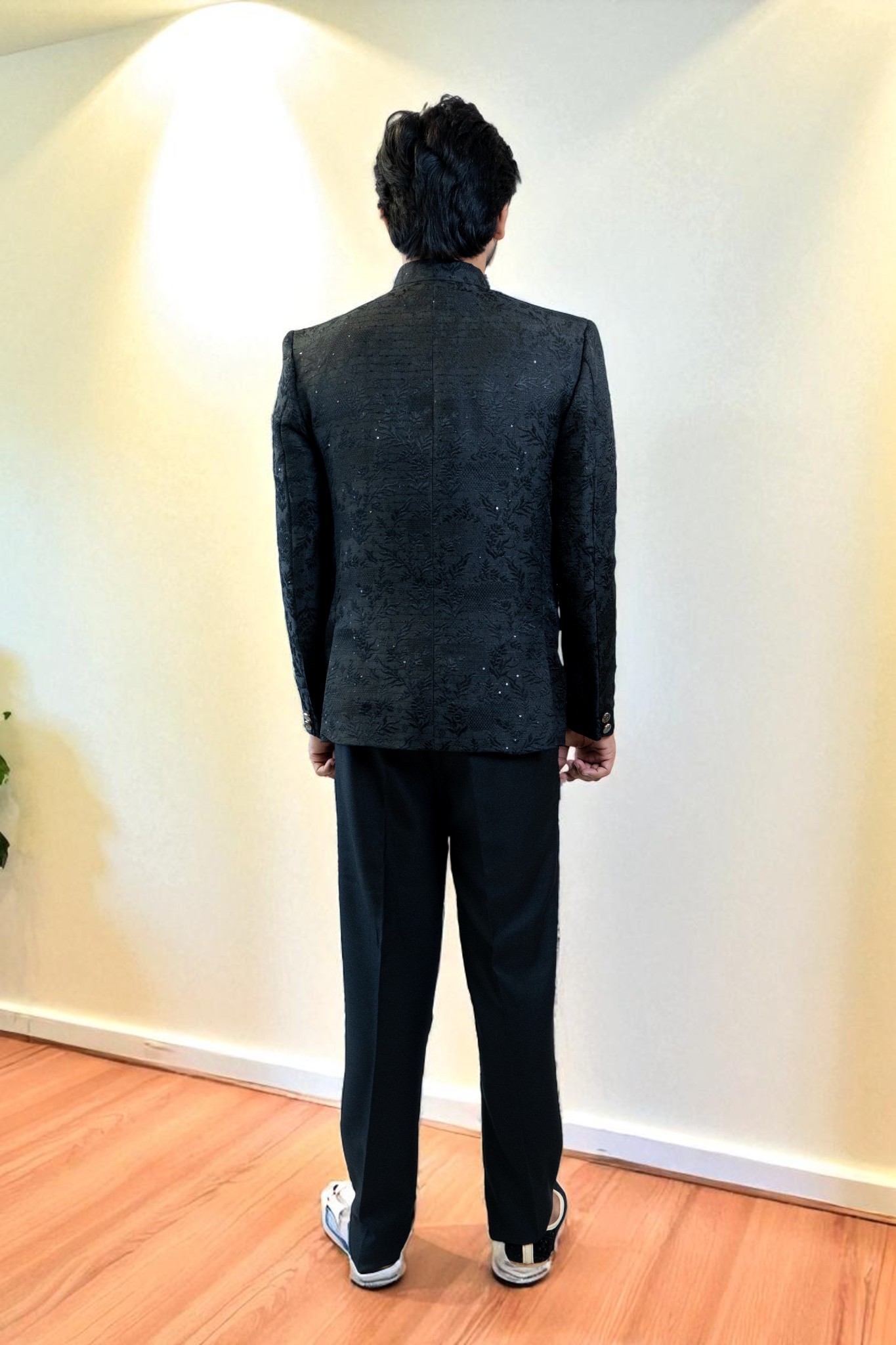 Black Bandhgala Jodhpuri Suit for Men – Embroidery Tree Design & Suiting Fabric - Image 5