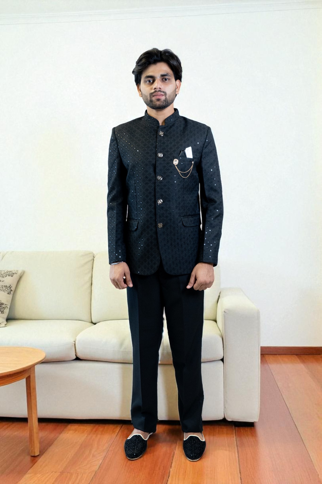 Black Bandhgala Jodhpuri Suit – Elegant Sequin Design & Suiting Fabric - Image 2