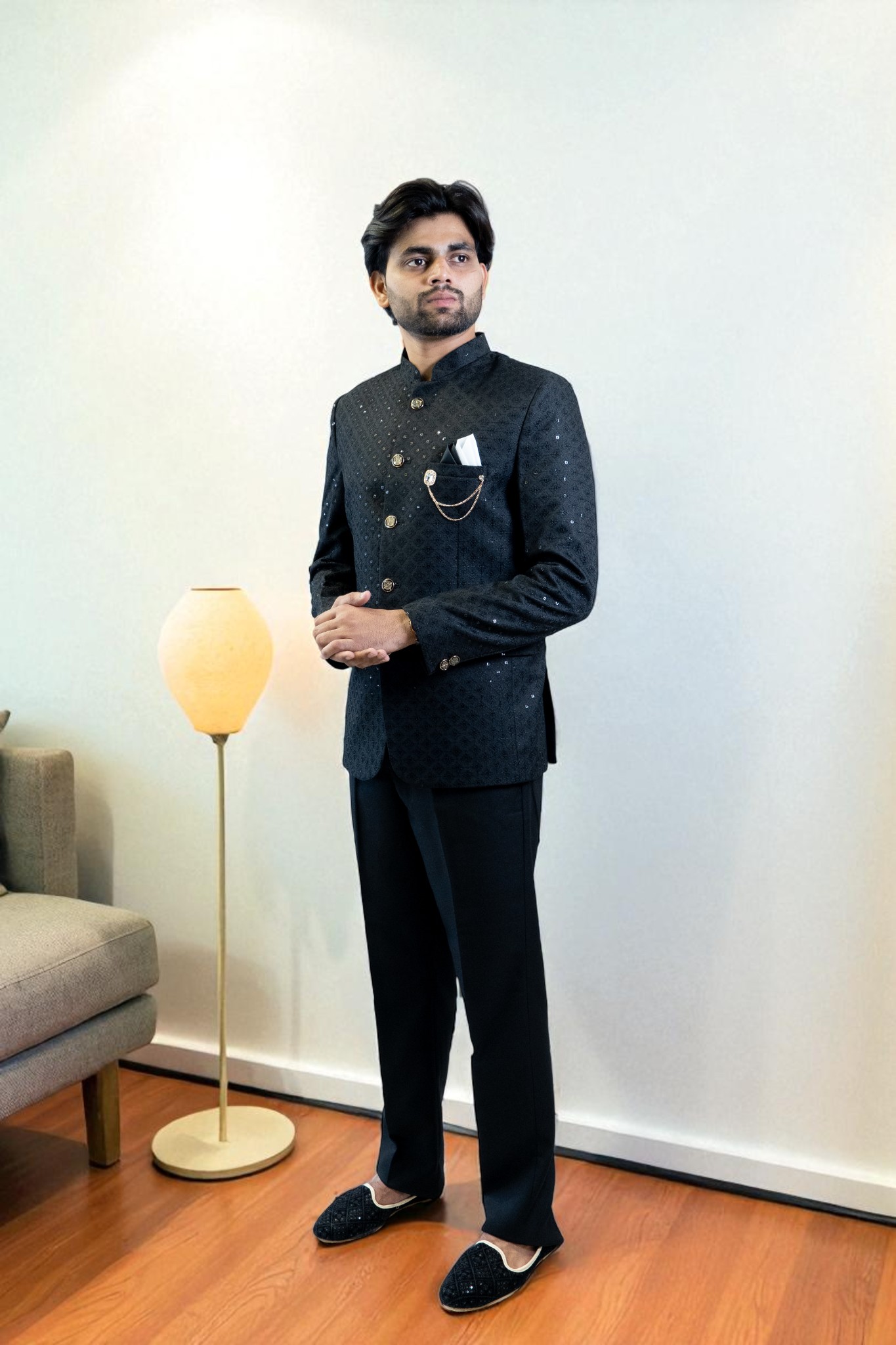 Black Bandhgala Jodhpuri Suit – Elegant Sequin Design & Suiting Fabric - Image 3