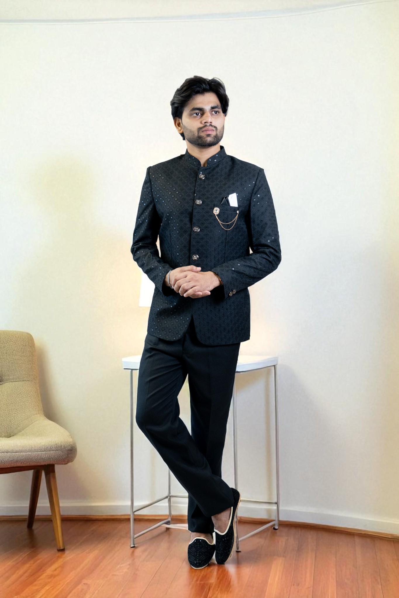 Black Bandhgala Jodhpuri Suit – Elegant Sequin Design & Suiting Fabric - Image 5