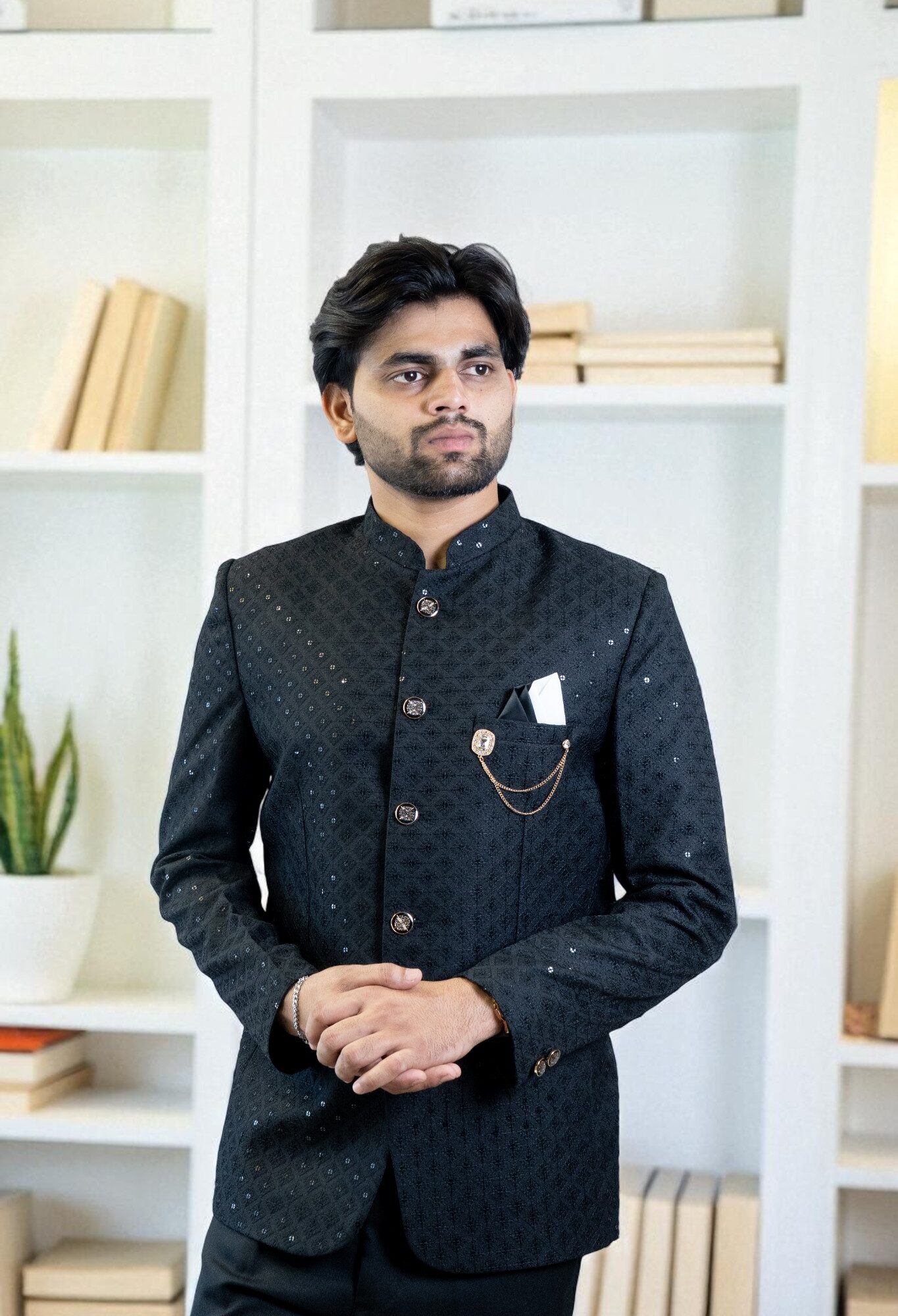 Black Bandhgala Jodhpuri Suit – Elegant Sequin Design & Suiting Fabric