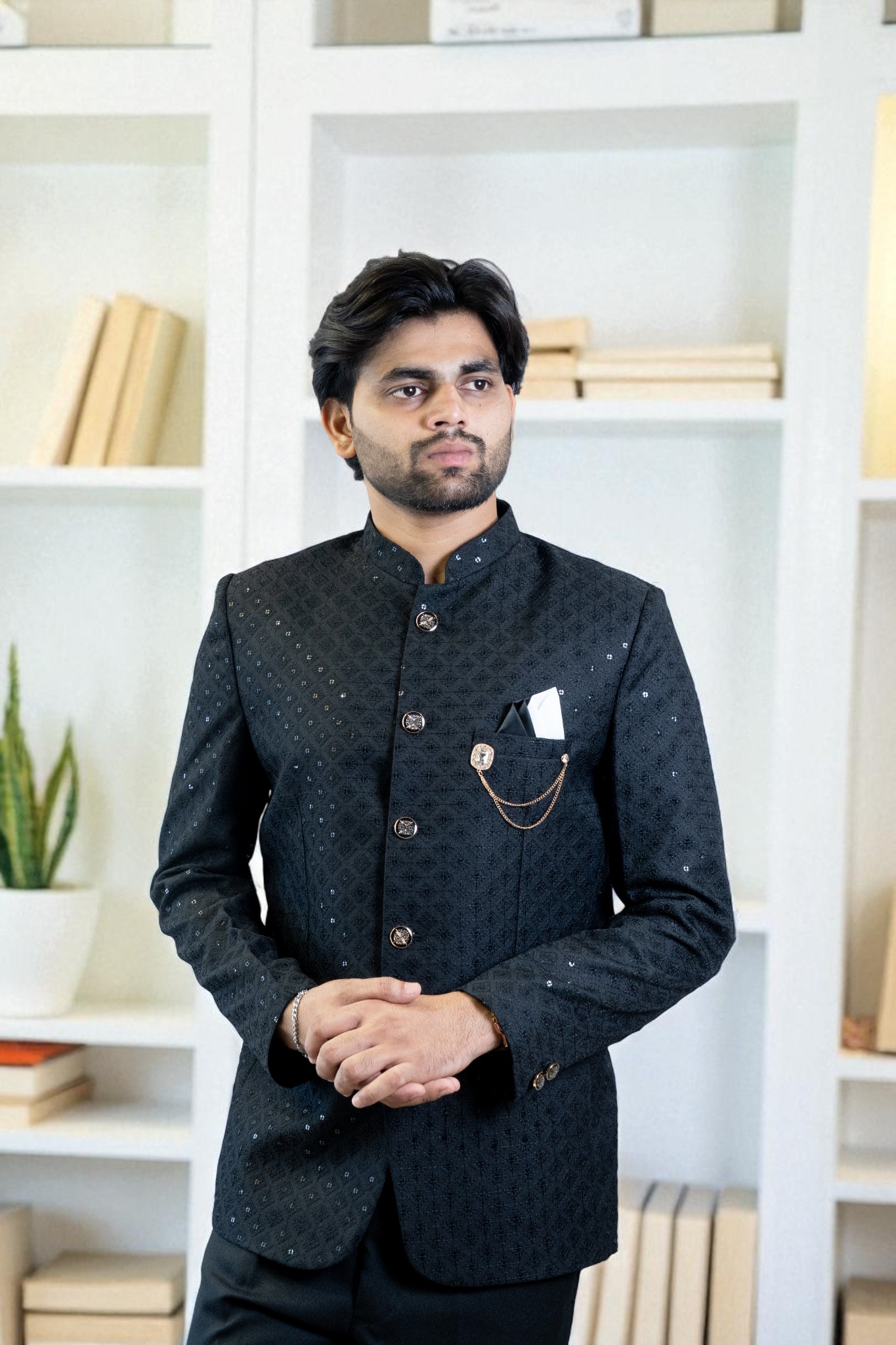 Black Bandhgala Jodhpuri Suit – Elegant Sequin Design & Suiting Fabric