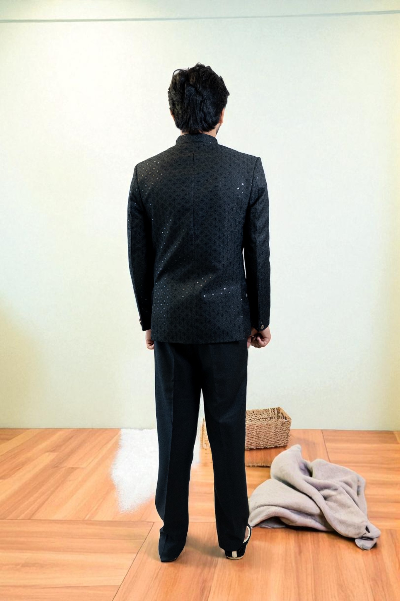 Black Bandhgala Jodhpuri Suit – Elegant Sequin Design & Suiting Fabric - Image 4