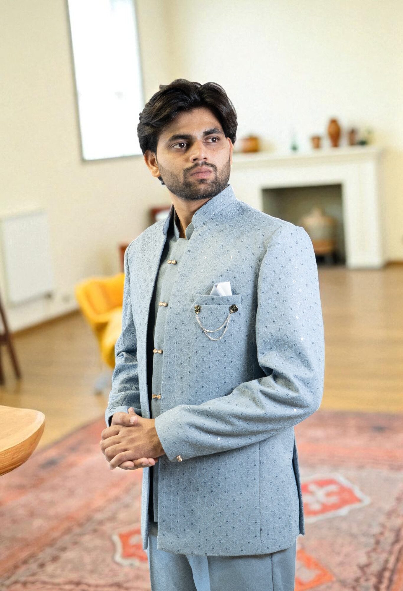 Sky Blue Jodhpuri Suit – Sequin Design