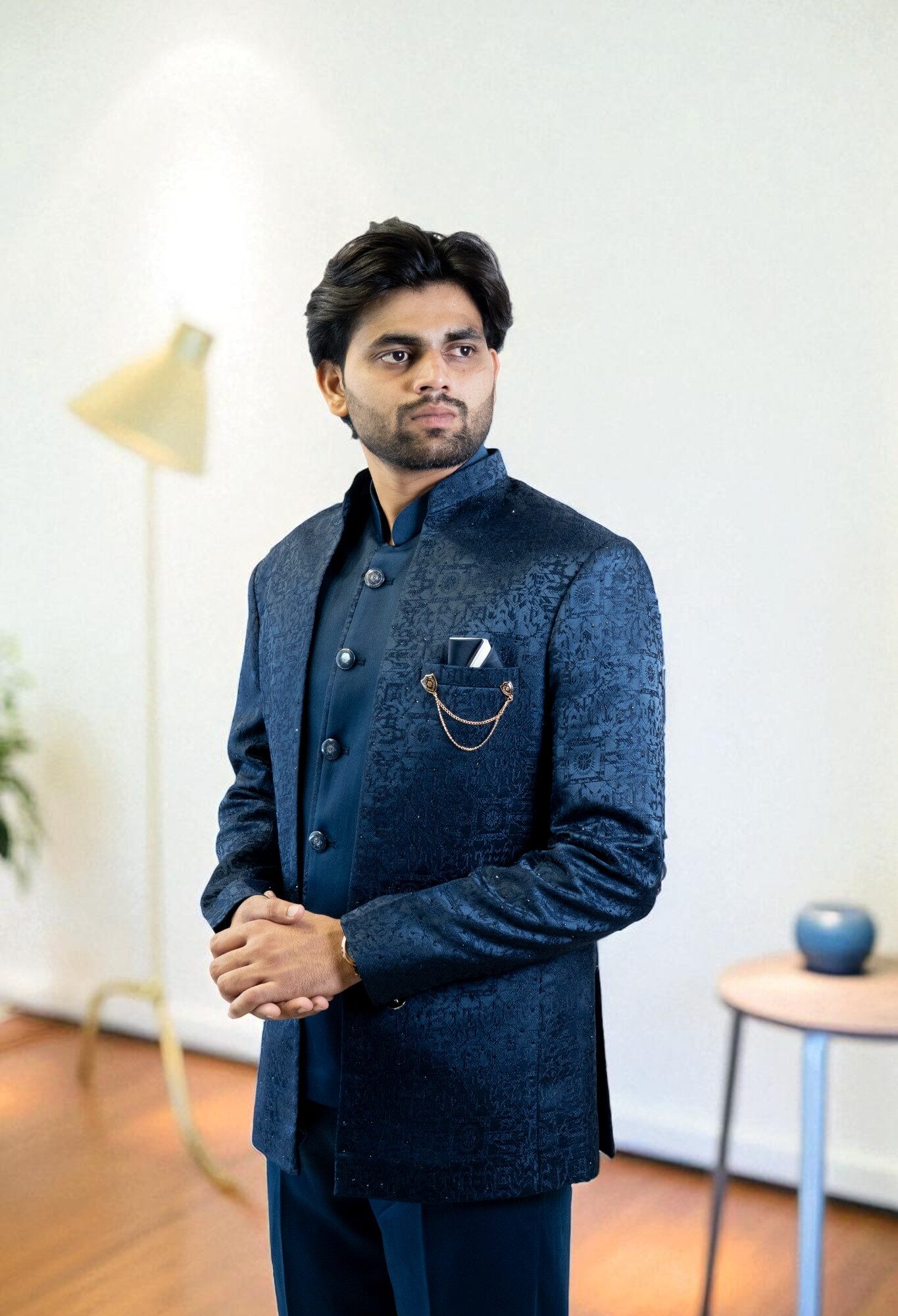 Navy Blue Jodhpuri Suit – Self-Print Design for Men
